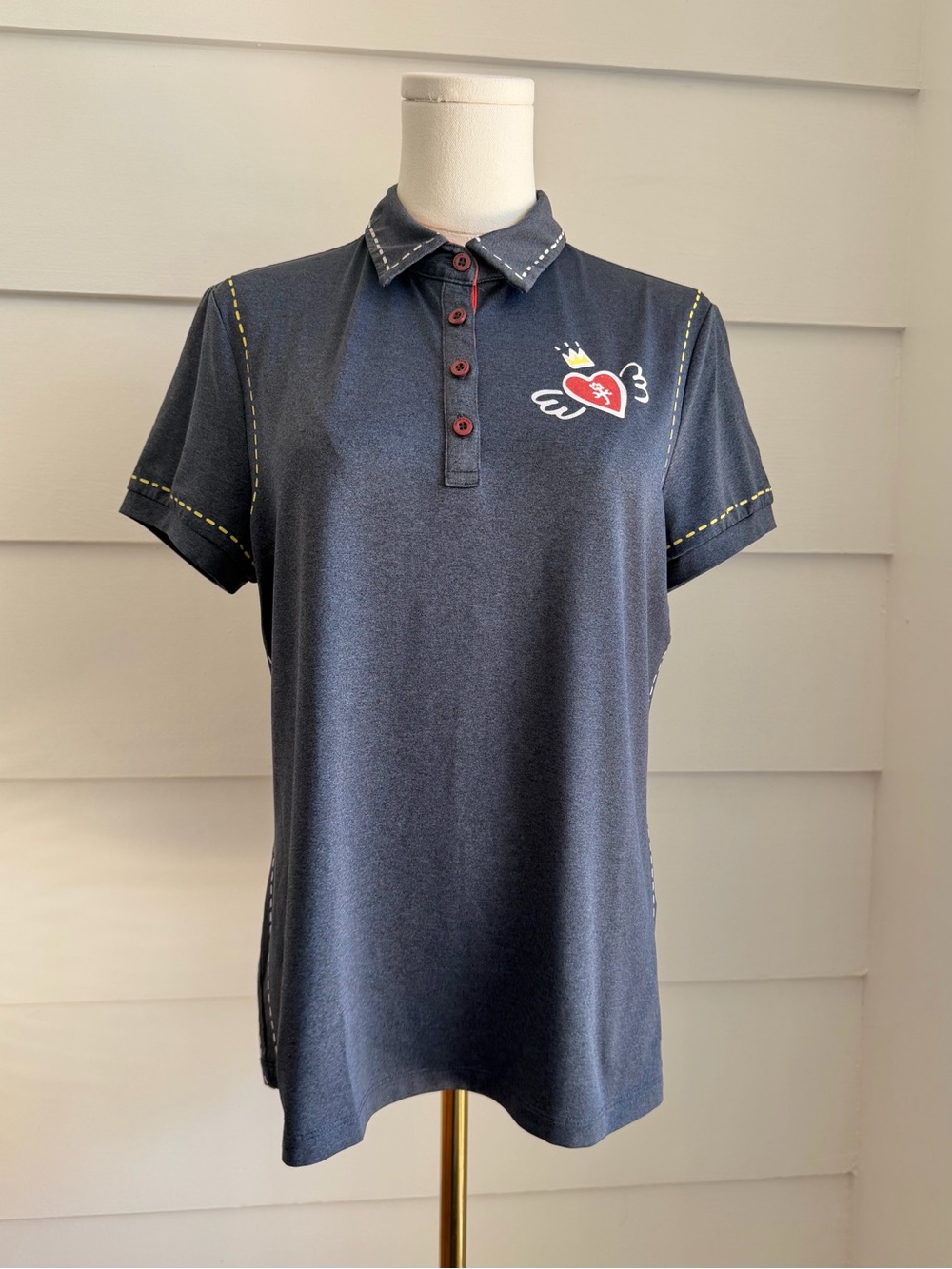 Castelbajac Sport Navy Blue Short Sleeve Polo Shirt Heart Graphic Sz M